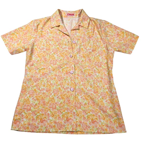 Vintage 70s Floral Matching Set 2 Pc Button Up Wide Leg Pants Orange Peach XS - Picture 2 of 13